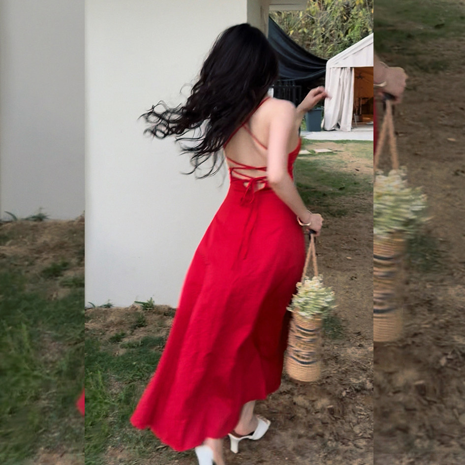 SevCiel 红色露背绑带吊带连衣裙女夏显瘦收胯裙修身伞裙系带长裙