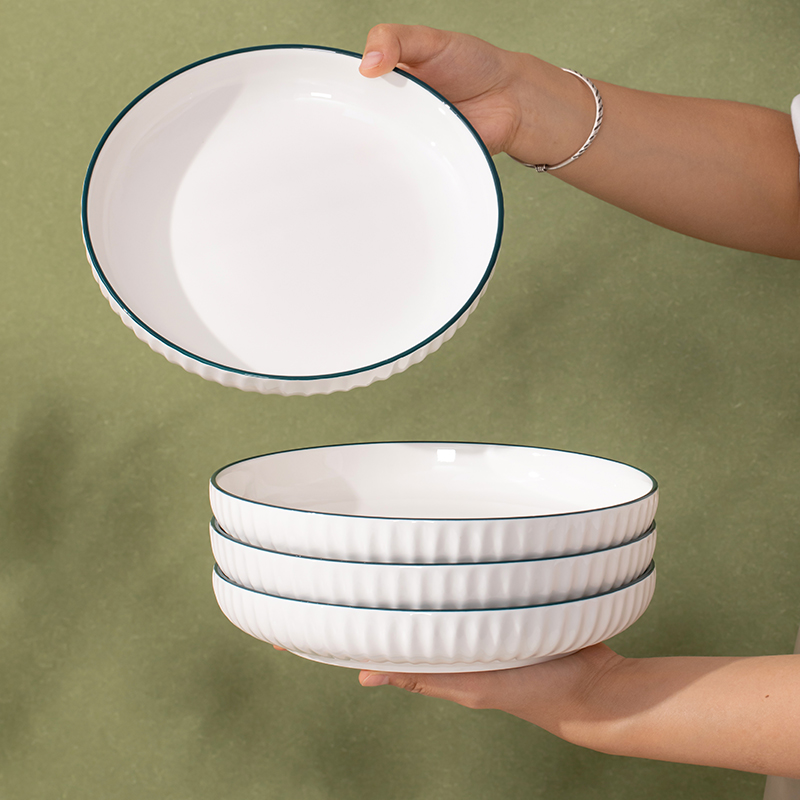北欧新款家用菜盘陶瓷绿色竖纹