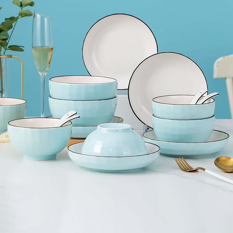 北欧家用2024新款蓝色碗碟套装陶瓷面碗饭碗餐具个性碗筷盘子组合