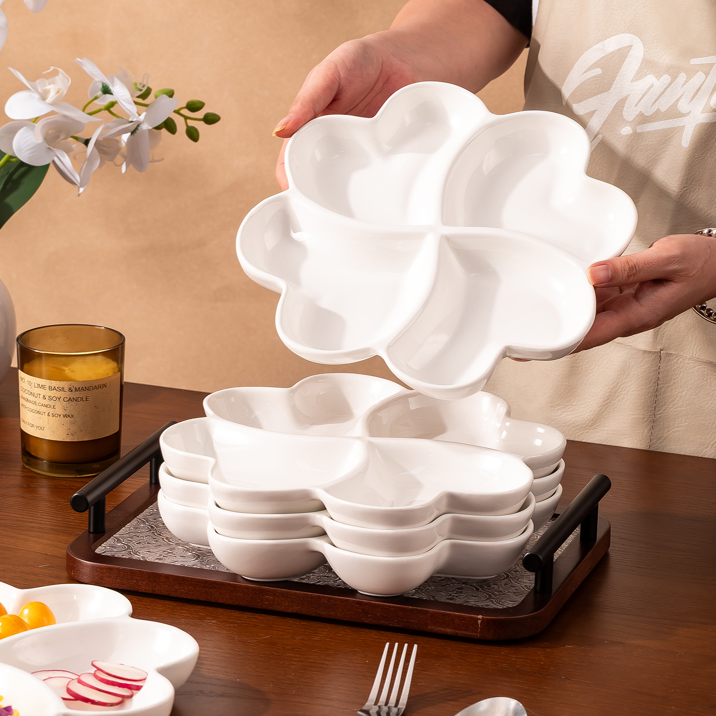 分格不串味易清洗陶瓷分餐盘