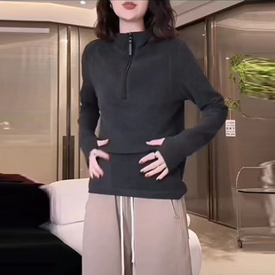 手套袖卫衣女双面德容带绒衣服秋冬休闲半高领套指护手上衣护指衫