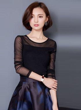春装打底衫女长袖圆领内搭网纱上衣修身女装微透T恤黑纱蕾丝衫莎t