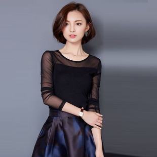 春装打底衫女长袖圆领内搭网纱上衣修身女装微透T恤黑纱蕾丝衫莎t