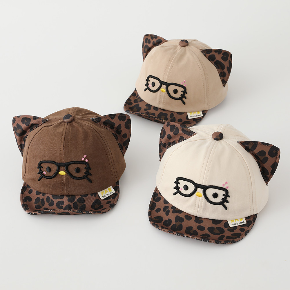 儿童可爱眼镜猫咪棒球帽薄款豹纹遮阳防晒宝宝鸭舌帽夏季出游帽子