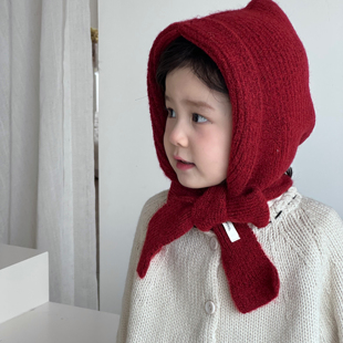 秋冬红色女童针织帽子围巾一体韩版宝宝护耳毛线帽保暖系带包头帽