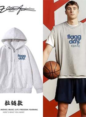美国篮球联赛独行侠弗拉格同款字母印花粉丝应援连帽开衫卫衣长袖