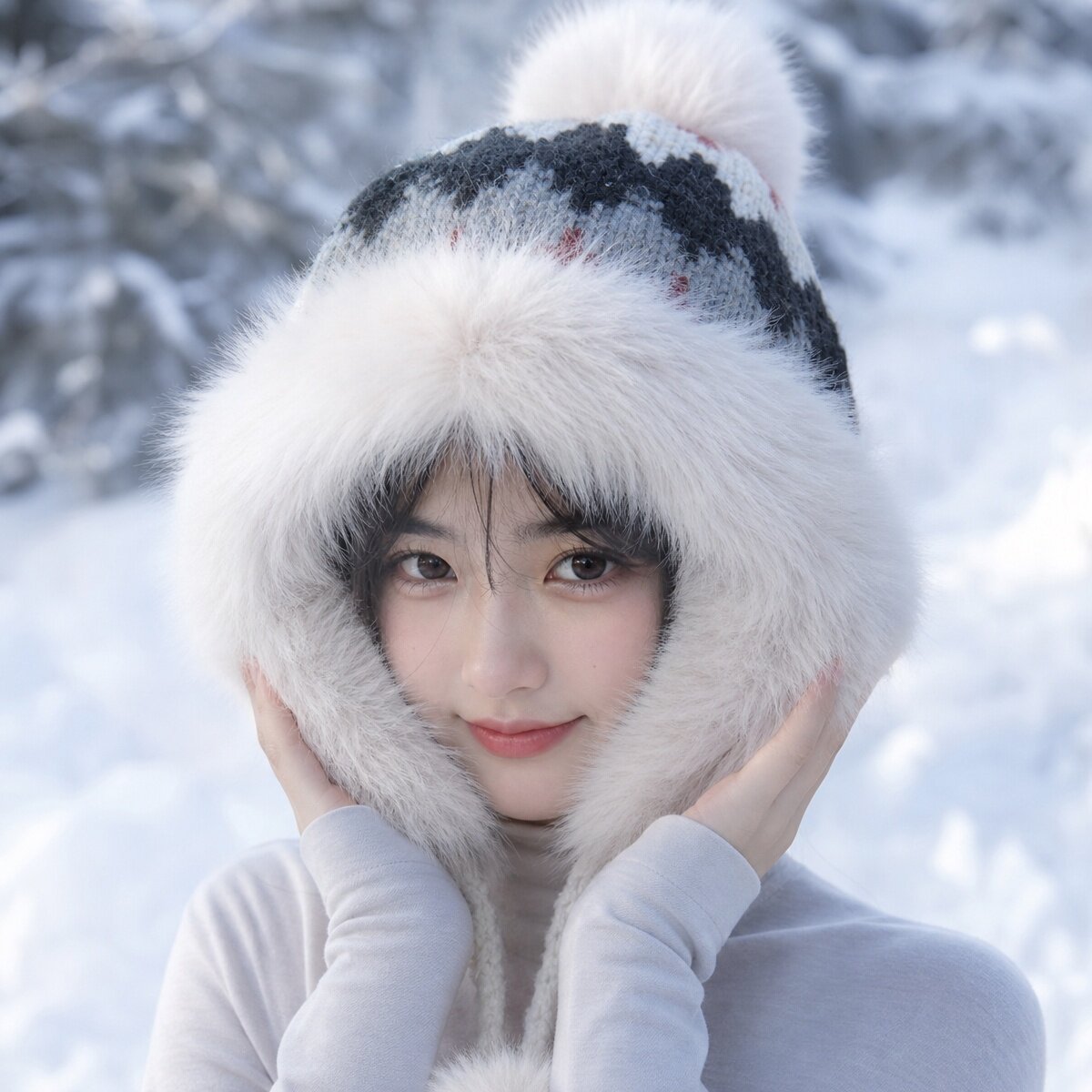 费尔岛风护耳帽女冬季加绒加厚针织毛线帽东北雪地防寒提花雷锋帽