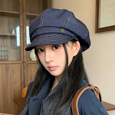 利普牛仔鸭舌贝雷帽女春秋款日系复古大头围画家帽显脸小八角帽子