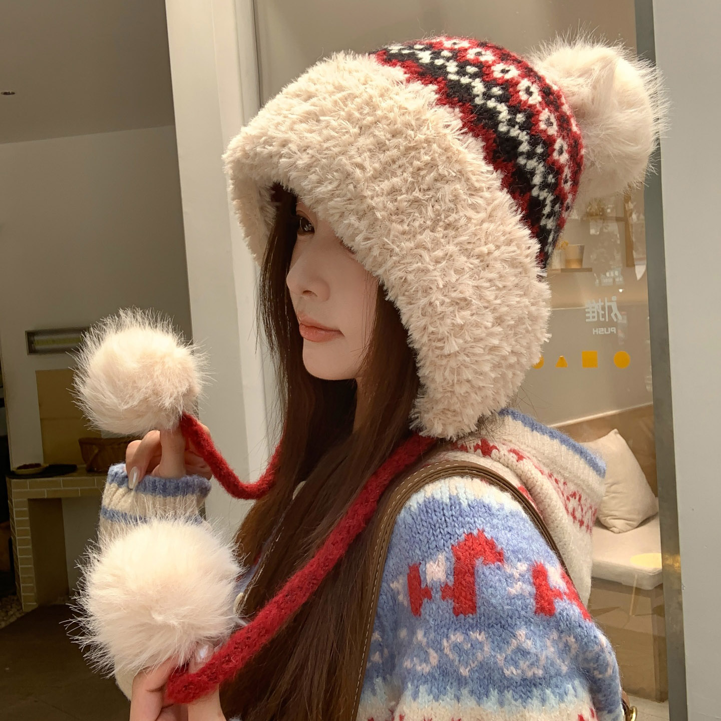 费尔岛风针织帽女冬季加绒保暖毛球护耳帽显脸小毛线帽东北雷锋帽
