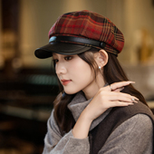 红色格子毛呢八角帽女秋冬季 英伦复古贝雷帽2025新款 报童帽鸭舌帽