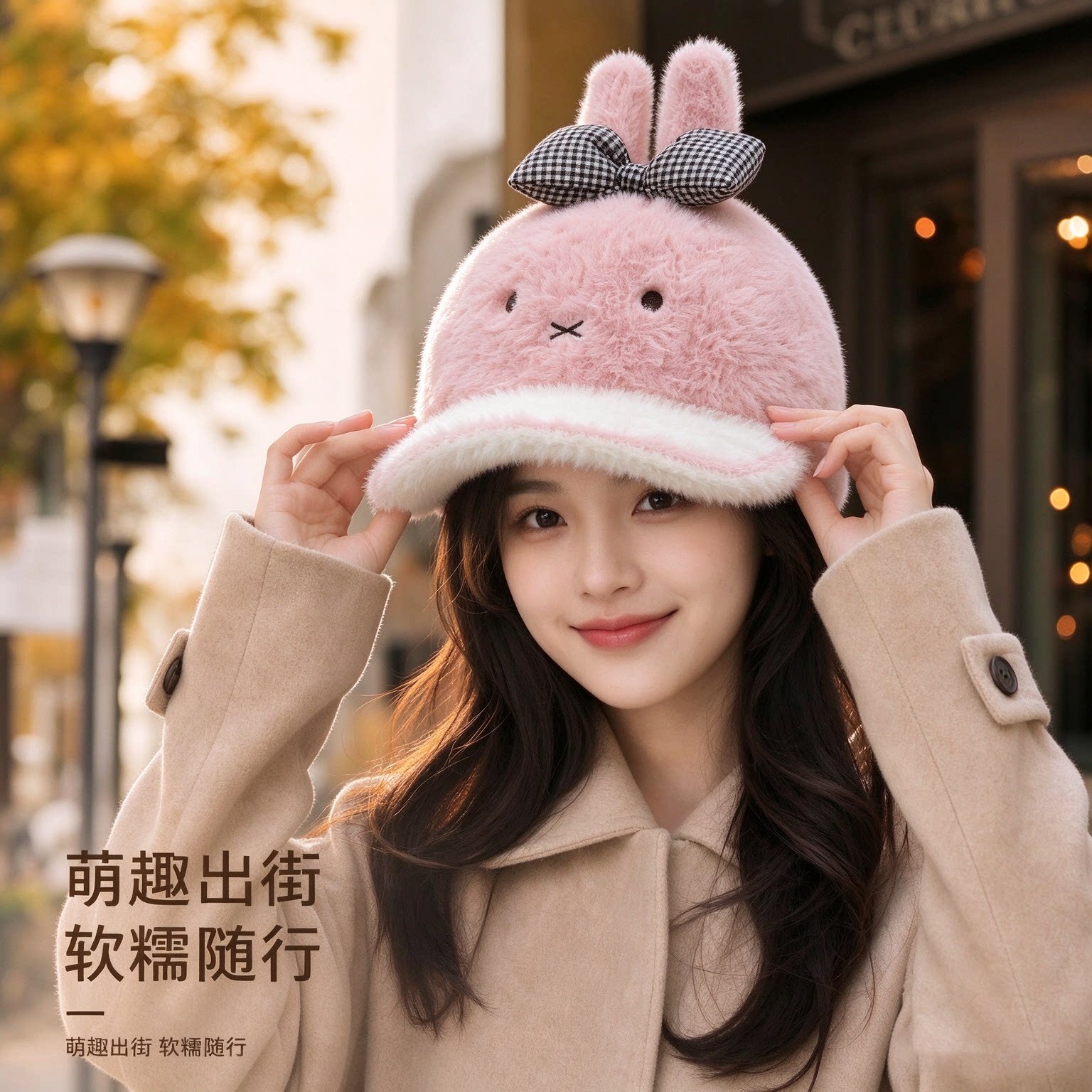 甜美可爱兔子耳朵棒球帽女秋冬加厚保暖显脸小防寒鸭舌帽毛茸帽子