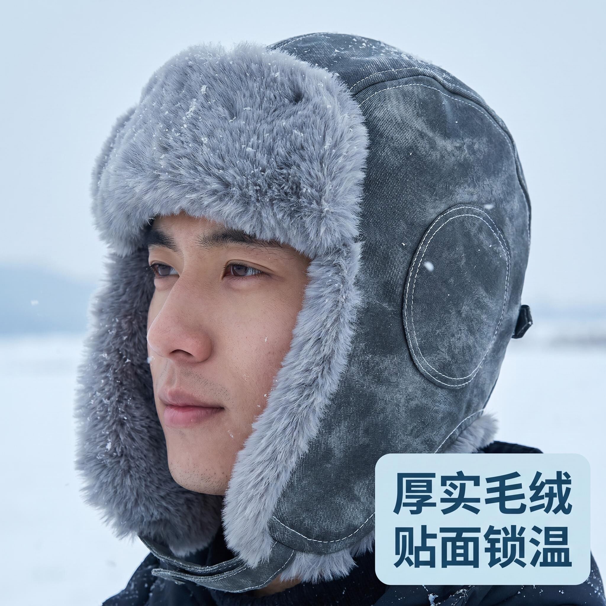 雷锋帽女冬季毛绒护耳保暖防寒帽灰色户外滑雪东北帽男士骑车帽子