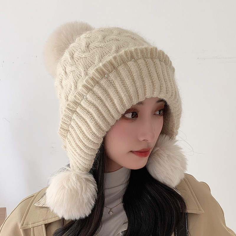 女冬季针织毛线帽保暖护耳兔毛帽