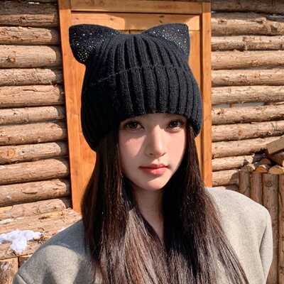 毛线帽子女冬季韩版百搭显脸小针织护耳帽可爱网红猫耳朵加绒冷帽