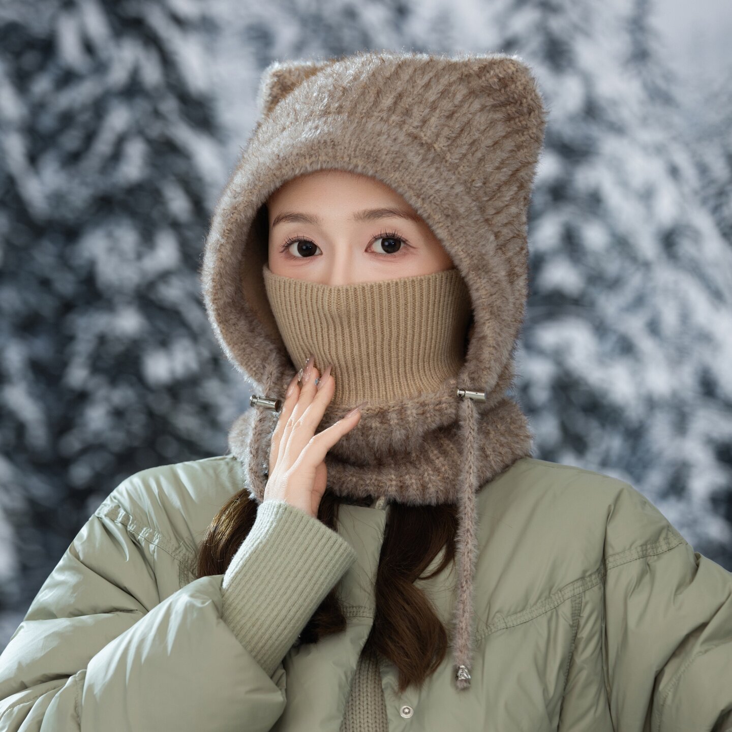 冬季保暖一体风雪帽女加绒护颈防寒针织帽连体毛线帽子围脖雷锋帽