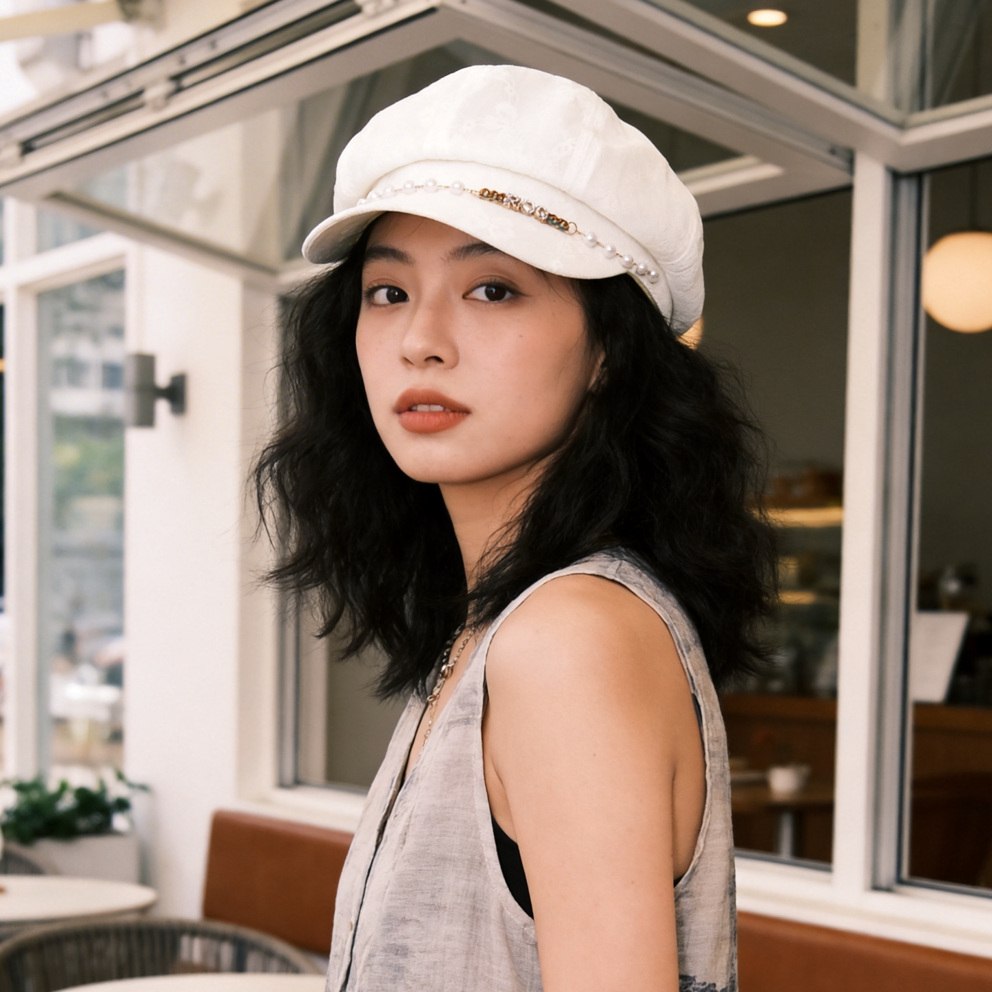 白色珍珠装饰八角帽女夏季优雅气质画家帽复古风防晒遮阳帽显脸小