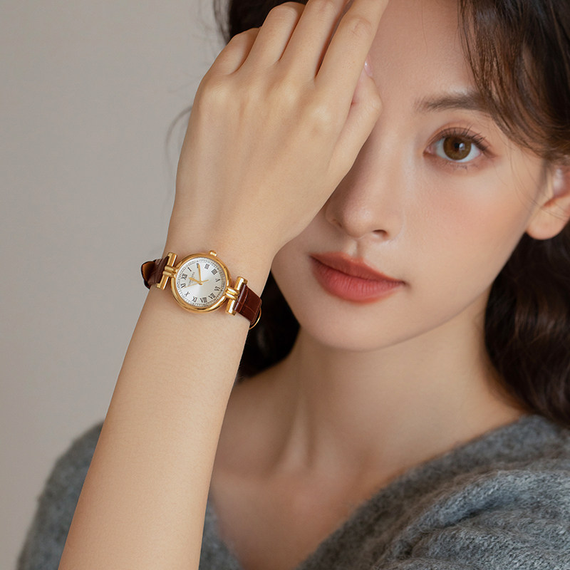 复古金色轻奢真皮机械女表防水