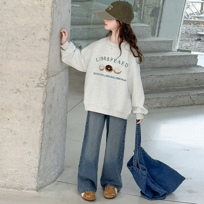 女童加绒卫衣秋冬款2025新款大童儿童一体绒女孩圆领加厚上衣秋装