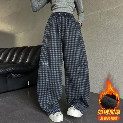 女童加绒格子裤秋冬装2025新款中大童儿童弯刀裤冬季女孩加厚裤子