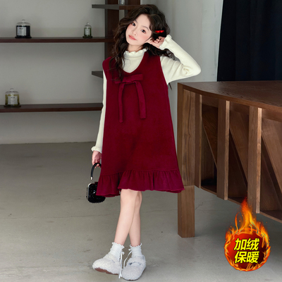 女童加绒连衣裙秋冬装2025新款洋气中大童儿童公主裙女孩红色裙子