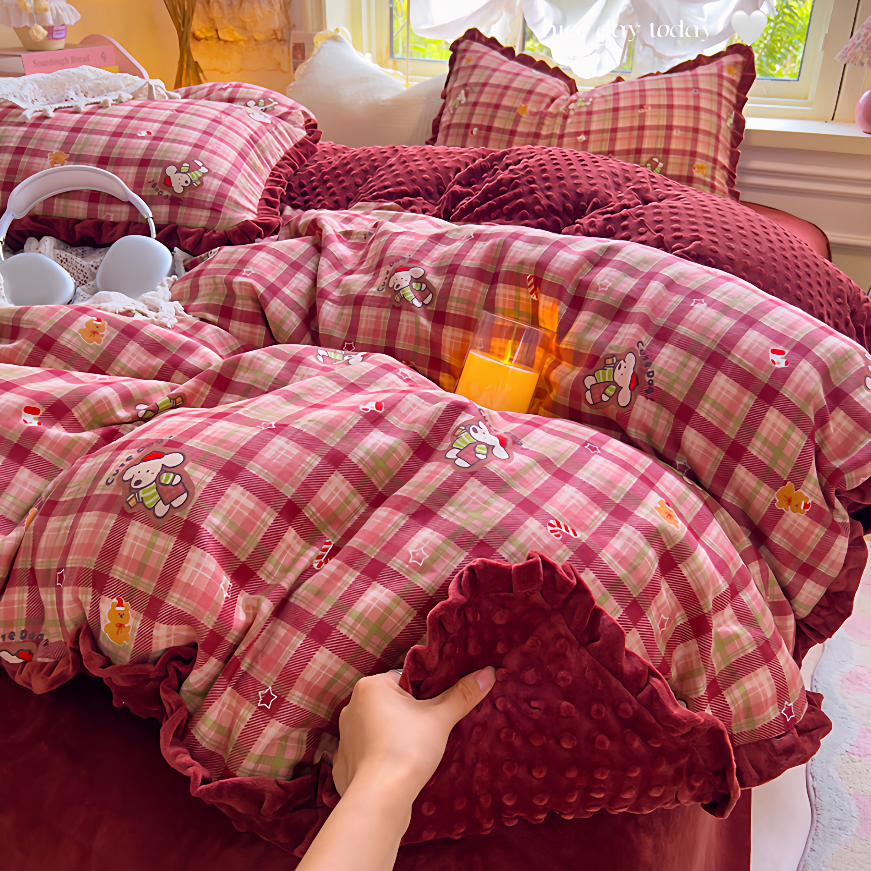 A棉B绒豆豆绒双层纱全棉四件套加厚纯棉床单被套床上用品加大2m