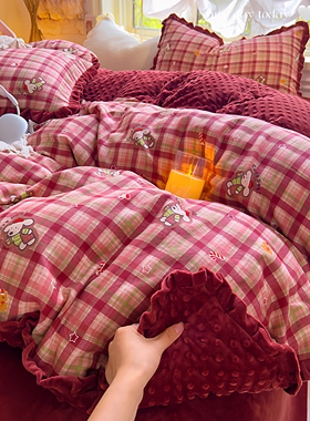 A棉B绒豆豆绒双层纱全棉四件套加厚纯棉床单被套床上用品加大2m