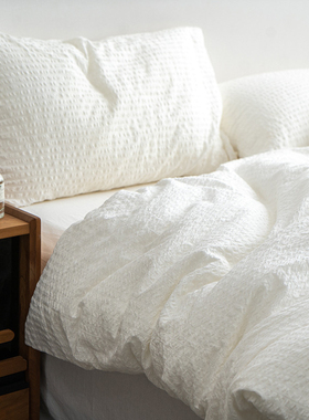 白色泡泡纱全棉纯棉四件套床单柔软亲肤床笠款床品2m床加大被套