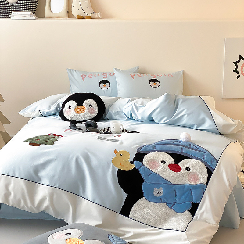 卡通可爱企鹅100支长绒棉四件套全棉纯棉床单被套床上用品1.8m