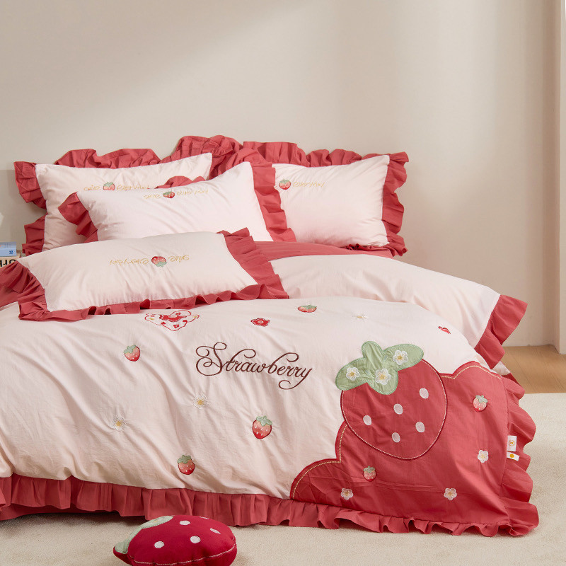 荷叶边草莓A类全棉四件套 纯棉床单被套床上用品公主风加大床笠款