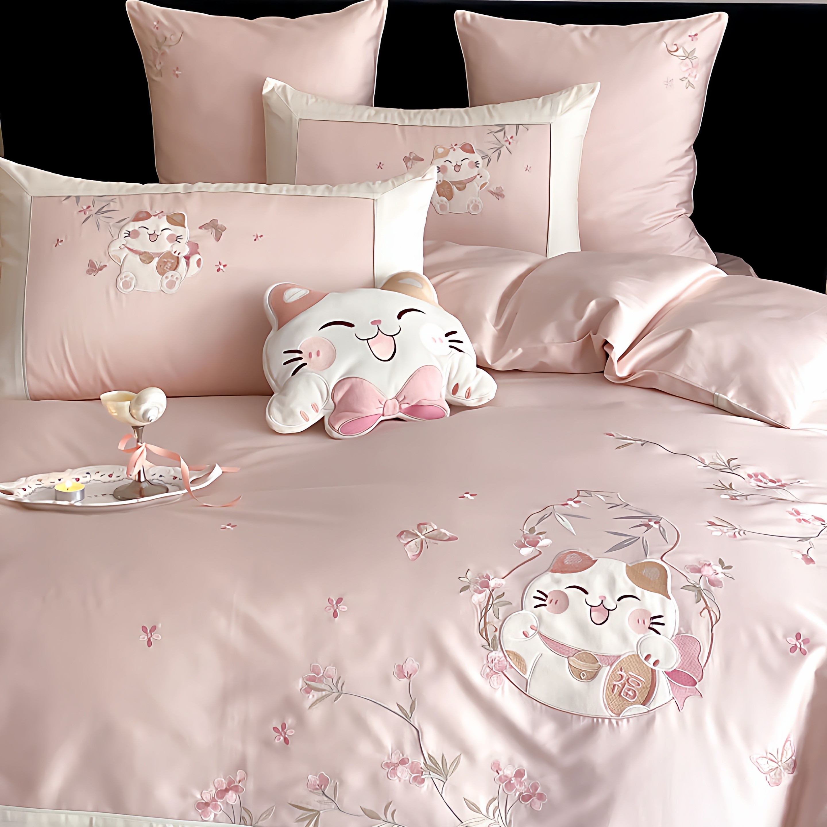 全棉招财猫四件套粉色猫咪花朵纯棉被套贡缎1.8床上用品加大2m床