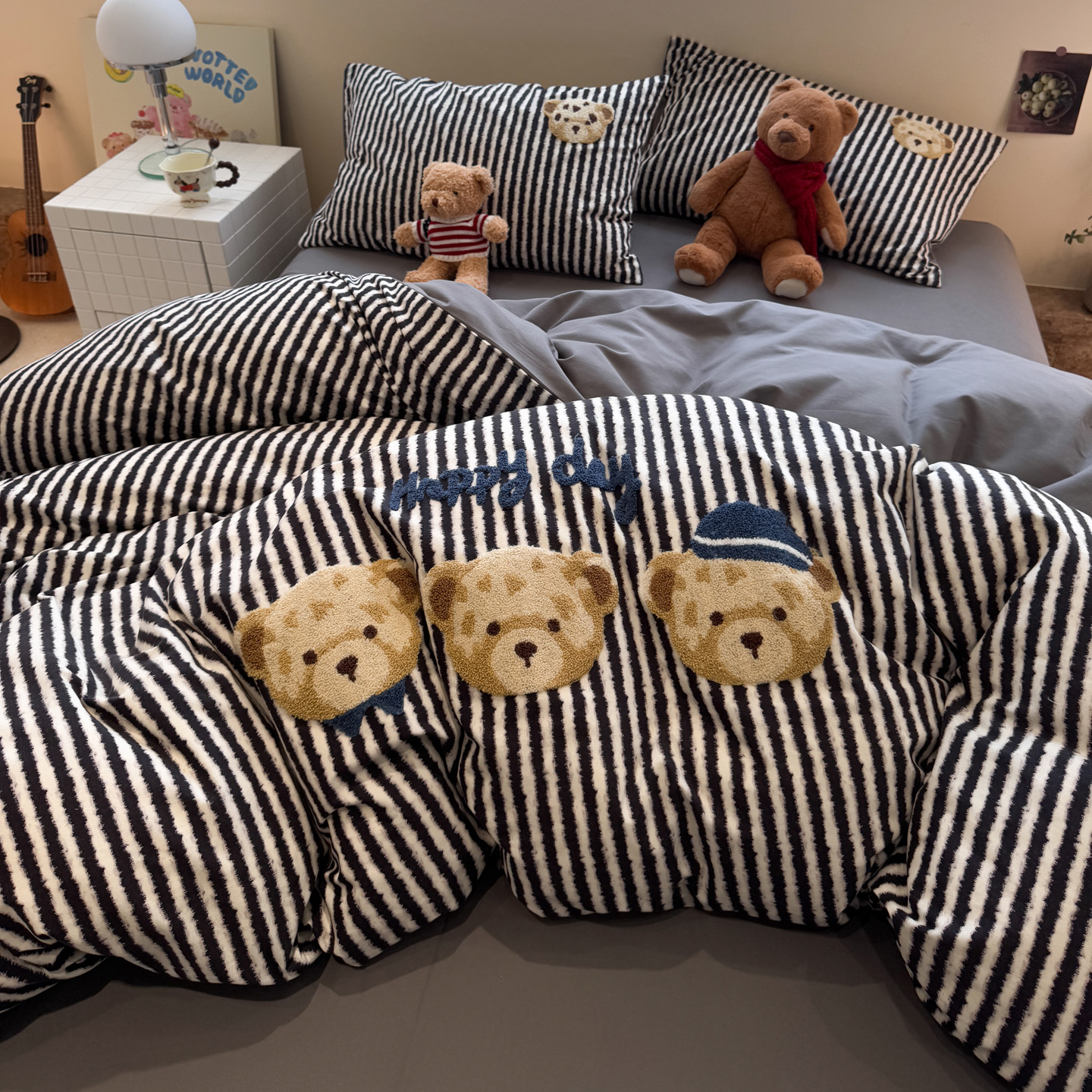 加厚全棉磨毛床上四件套1.5m1.8公寓被套三件套2米可爱小熊床笠款