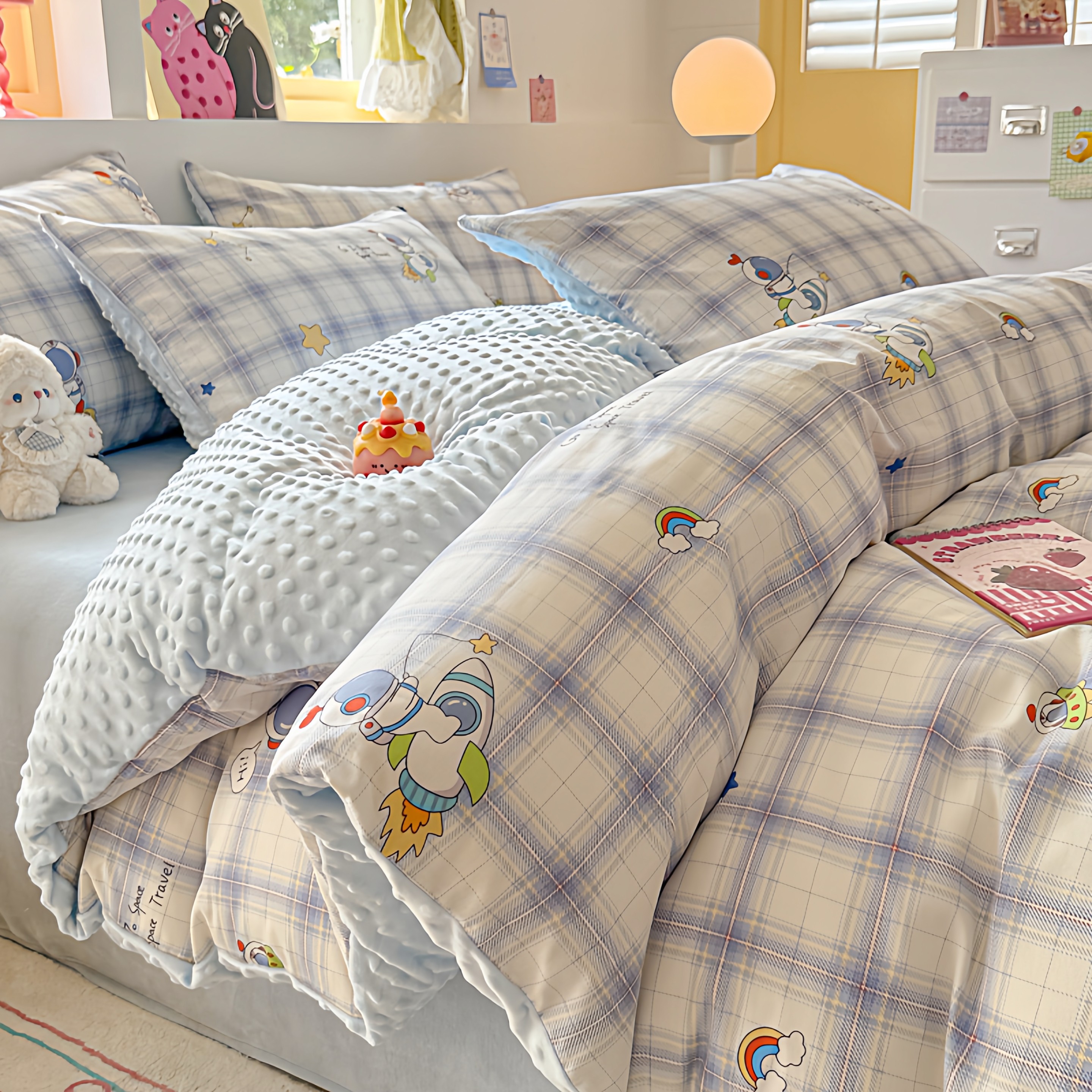 A棉B绒豆豆绒全棉40支儿童四件套纯棉可爱卡通男孩被套床单蓝色,床上用品,床品套件/四件套/多件套,淘宝优惠券,粉丝福利购,淘宝优惠卷