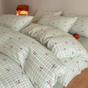 绿色格子樱桃双层纱全棉四件套纯棉被套床单春夏床笠床上用品纱布