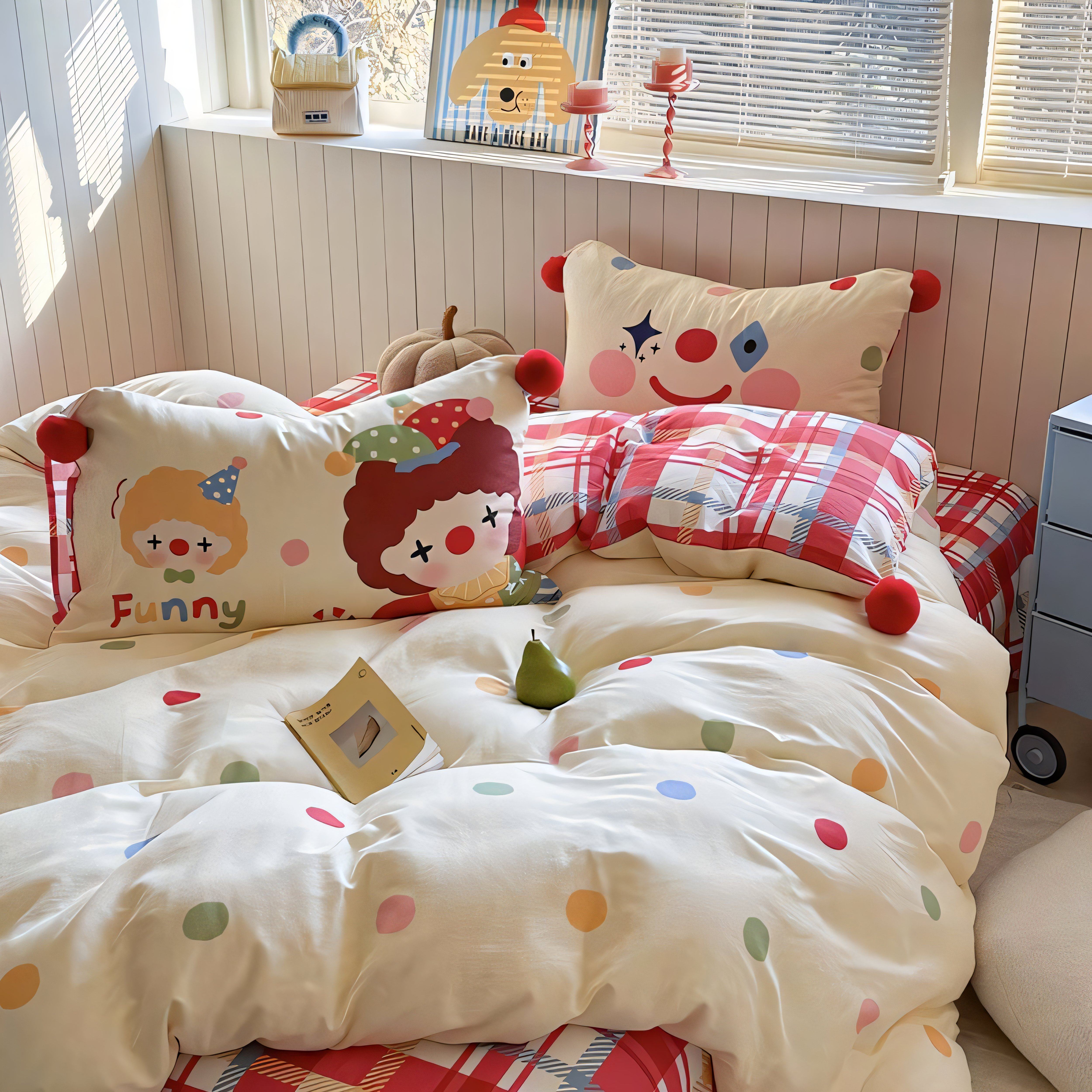 可爱波点毛球球小丑双层纱全棉纯棉四件套床单被套床笠款床品1.8