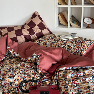 焦糖色波谱美式贡缎长绒棉四件套美式数码印花纯棉高级被套床单