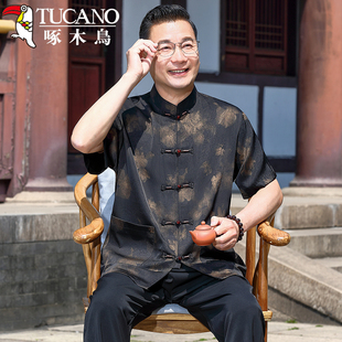 啄木鸟中国风唐装中老年爸爸夏装套装男士老年人爷爷夏季短袖衣服