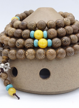 天然鸡翅木蜜蜡绿松石手串