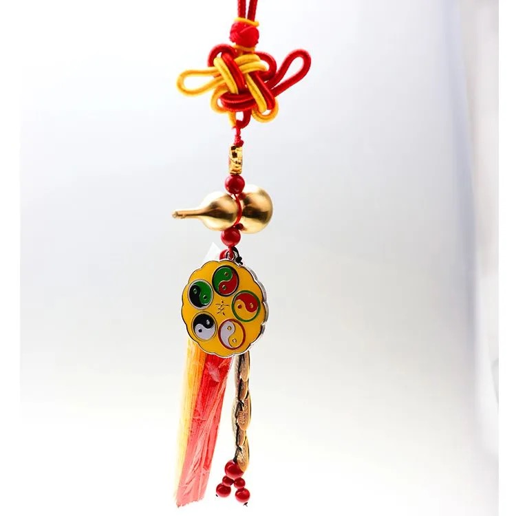 4公分小号万字符太极双面铜葫芦配朱砂五帝钱黄白红绿黑车挂车饰