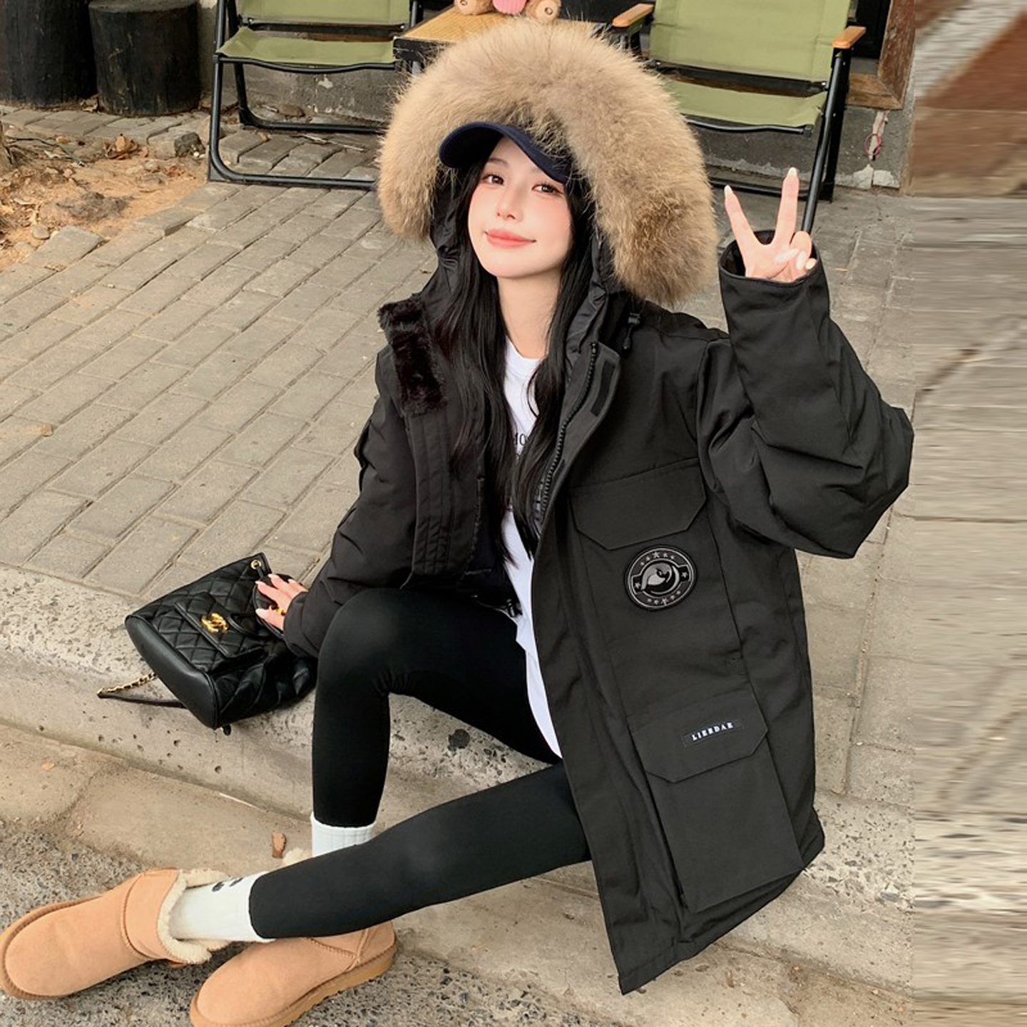 莉尔大鹅户外工装羽绒服女派克服石墨灰2025新款大码加厚情侣滑雪