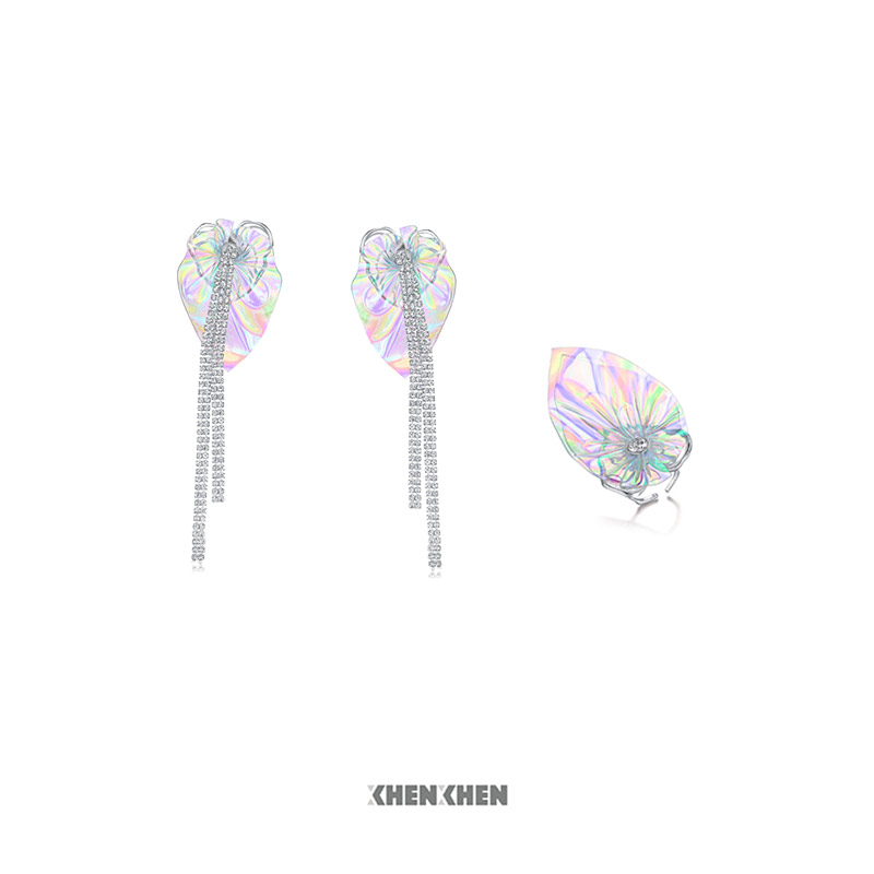 XHENXHEN银烛系列木子洋同款红掌花PVC耳钉流苏戒指