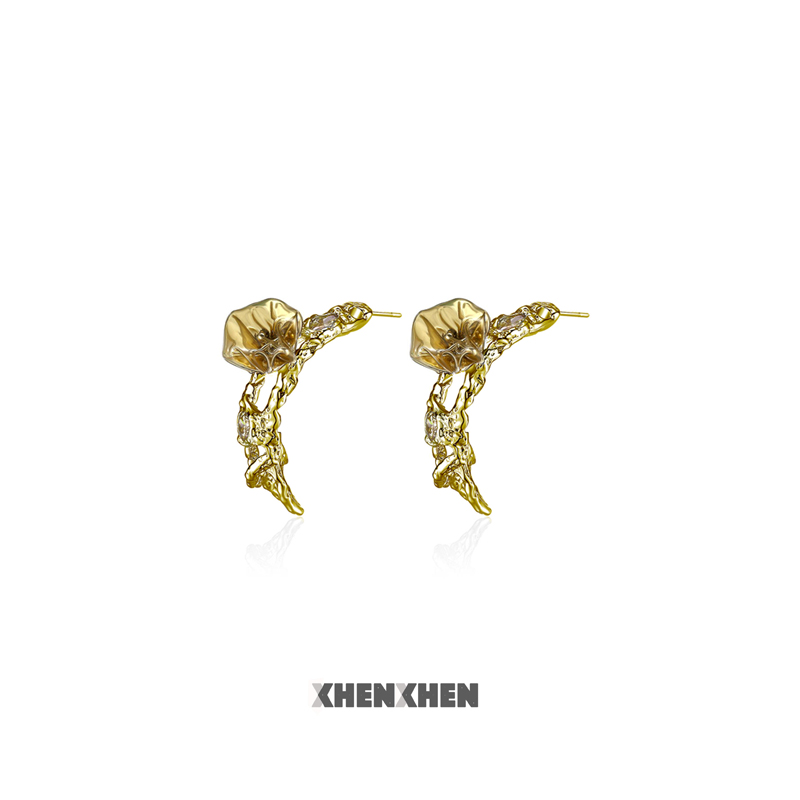 XHENXHEN太一同款春分半月造型新中式不规则镂空宝石耳钉肌理气质