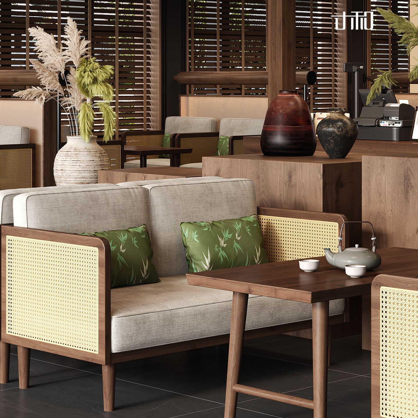 寸和新中式实木沙发卡座接待洽谈