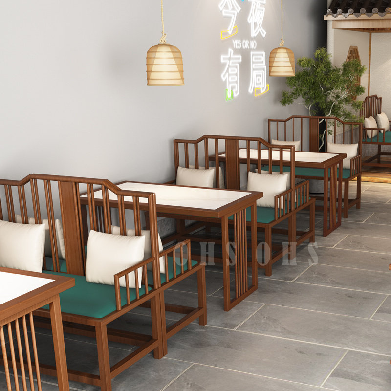 岩板餐桌大理石中式火锅店桌椅组合双人卡座沙发定制饭店铁艺商用