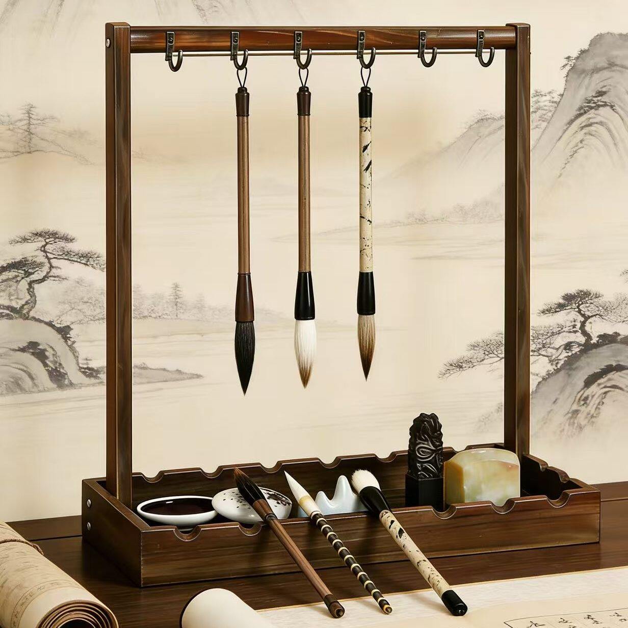 高档实木毛笔架笔挂架架子中式悬挂复古书法笔托挂架文房四宝毛毡图片