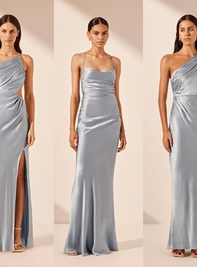 蓝色缎面婚礼伴娘服轻礼服姐妹团伴娘裙显瘦鱼尾高级感艺考主持人