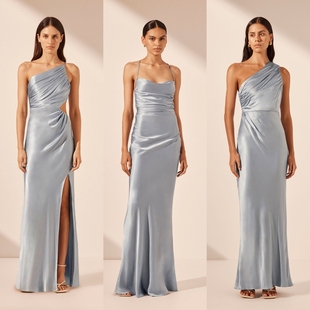 蓝色缎面婚礼伴娘服轻礼服姐妹团伴娘裙显瘦鱼尾高级感艺考主持人