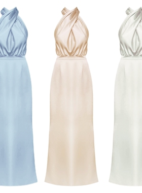 法式缎面挂脖长裙伴娘服礼服裙无袖修身高级感小众姐妹服伴娘团