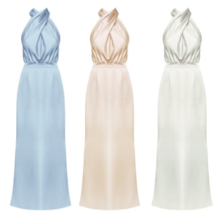 高级感小众姐妹服伴娘团 修身 法式 缎面挂脖长裙伴娘服礼服裙无袖