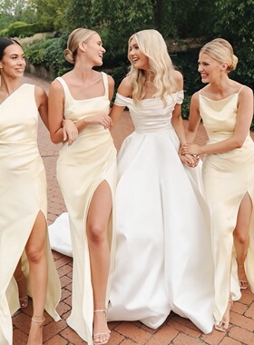 黄色缎面婚礼伴娘服礼服裙2024新款高级感小众姐妹团伴娘裙大码