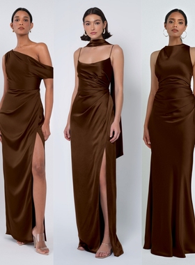 绝美气质咖啡色缎面伴娘服姐妹团礼服小众高级感伴娘裙大码